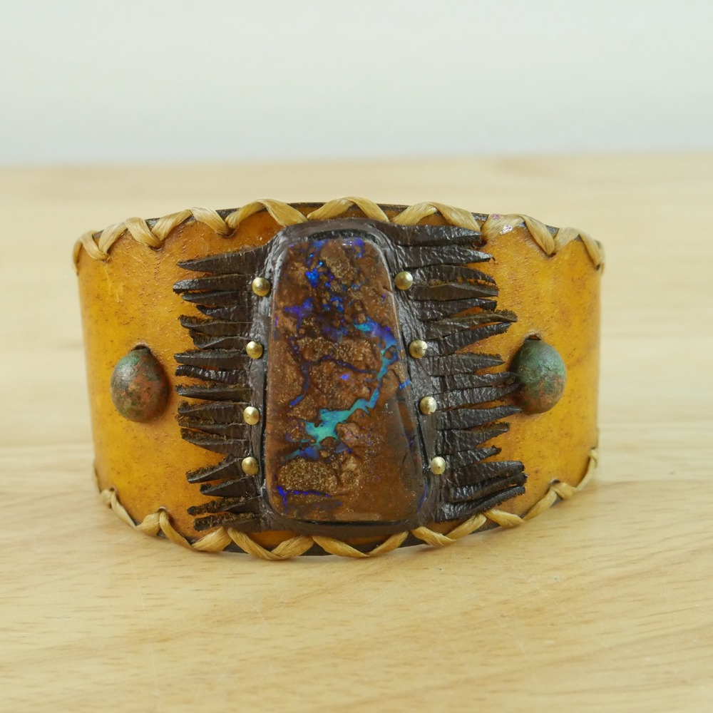 Artisan Signed Opal‎ Leather Cuff Bracelet Southwestern Boho Wide Band